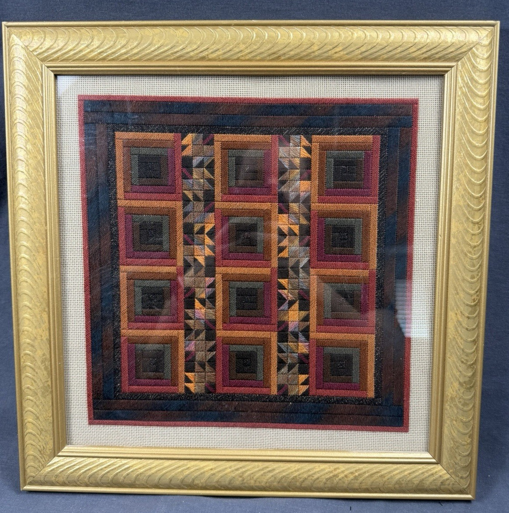 Handmade Framed Needlepoint Geometric Canvaswork 14.5x14.5 Fiber Art Wall Décor